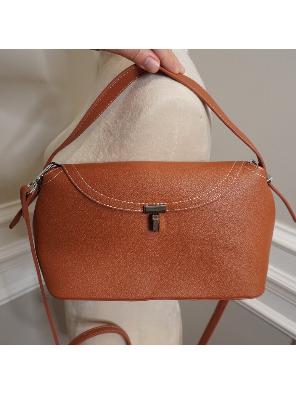 Brown Faux Leather Crossbody Shoulder Bag with Silver Hardware